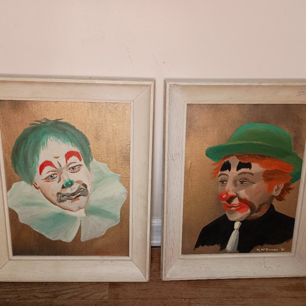 Vintage Clown Paintings Pair 1960s Midcentury CREEPY Signed W. McGowen